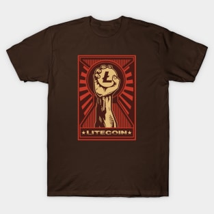 HODL Litecoin: Propaganda style triumphant fist clutching a Litecoin T-Shirt